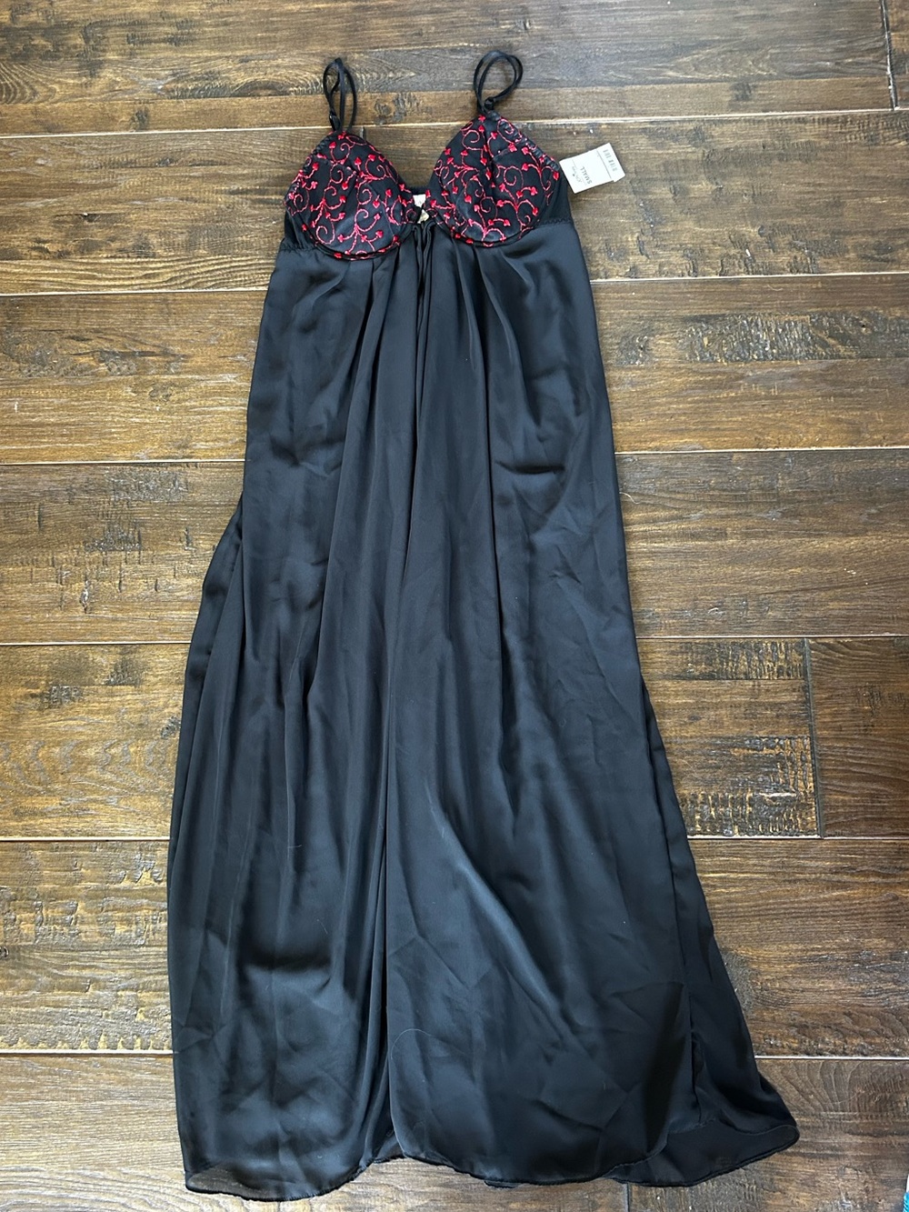 delicates Black Satin Chemise with Red Embroidered Cups